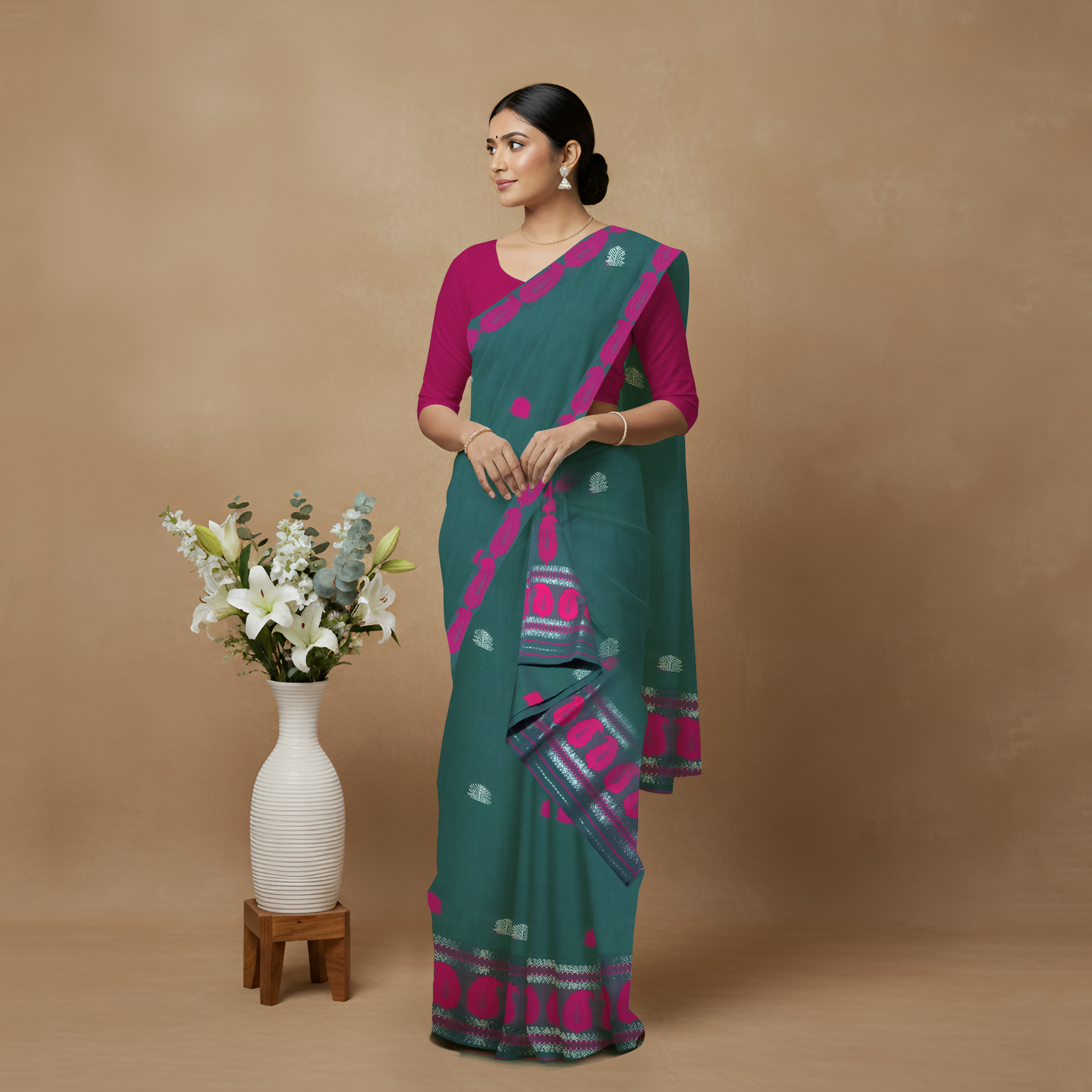 Handcrafted Kesapat Cotton Sador Mekhela (Self Border) with unstitched Blouse piece