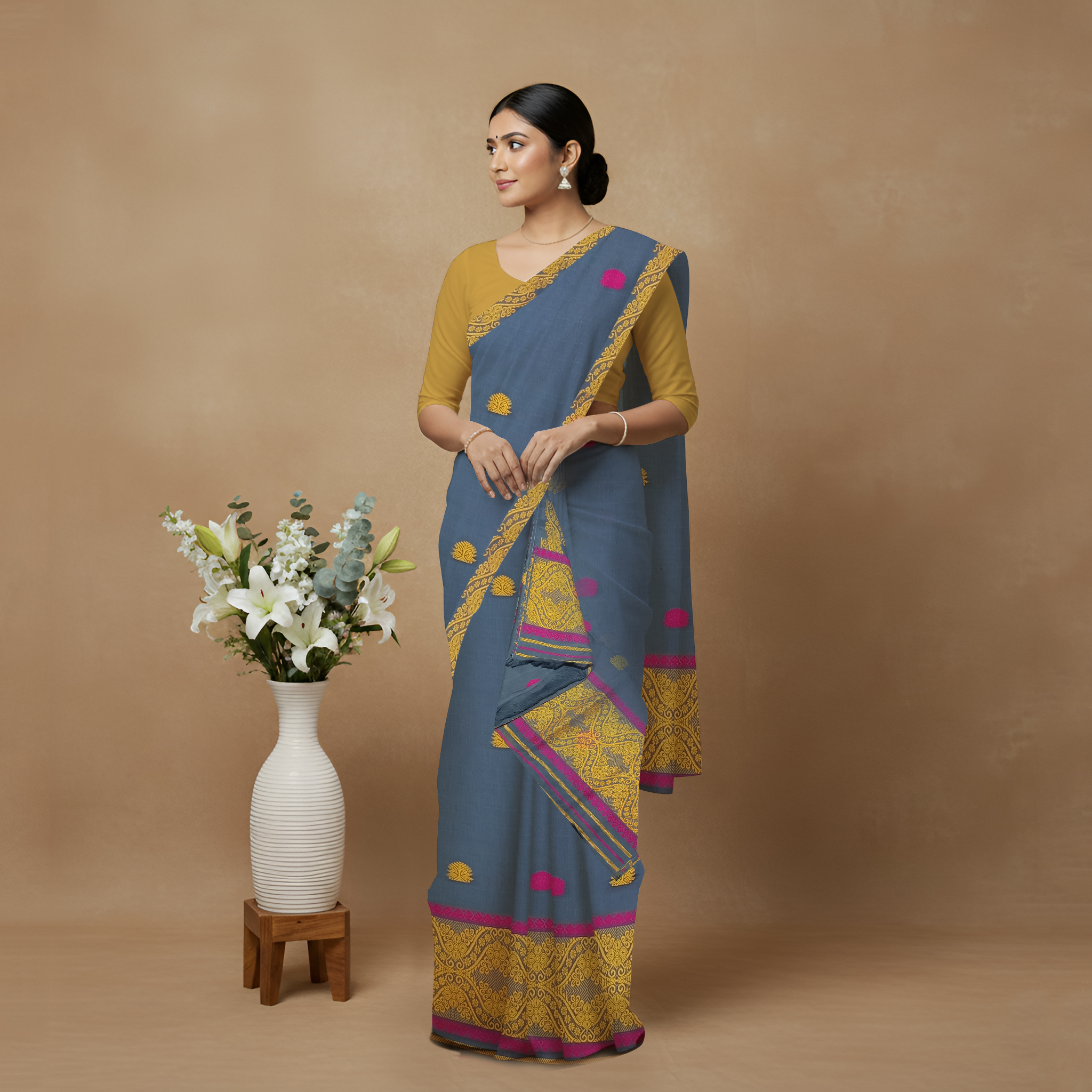 Handcrafted Kesapat Cotton Sador Mekhela (Self Border) with unstitched Blouse piece