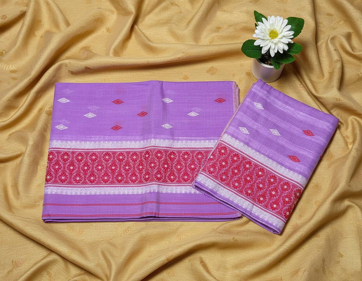 Handcrafted Nunee Cotton Sador Mekhela with unstitched Blouse piece - Image 2